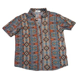 Vatpave Retro Aztec Short-Sleeve Button-Up Shirt Orange & Blue Size Large